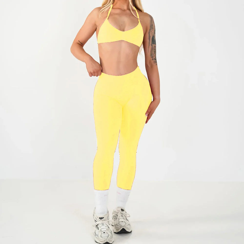 2PCS Seamless Yoga Set Women Workout Scrunch Leggings Strappy Sports Bra Fitness Gym Clothing Workout Set XP389