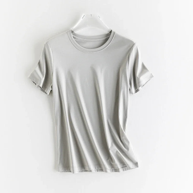 10% Silk & Mercerized Cotton Women T-shirt Luxury Tee Short Sleeve Silky Feeling Summer Wear Tops V / O-neck