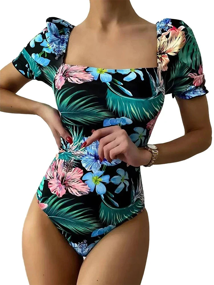 One Piece Swimsuit Women Floral Print Backless Beachwear Drawstring Short Sleeve Beach Bodysuit