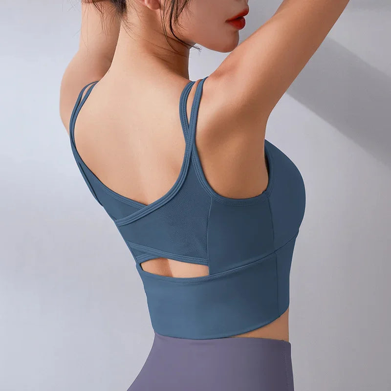 Mesh Breathable Yoga Bra Pilates Crop Bra Yoga Crops Gym Crop Fitness Top Quick Dry Spaghetti Strap Sports Bra