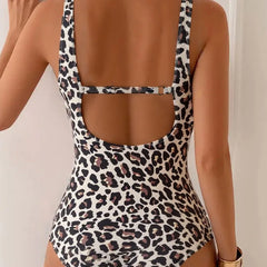 Leopard Print Swimsuit Women Summer One Piece Sports Low Back Beachwear Swimwear Bathing Suit Swimming Wear Monokini