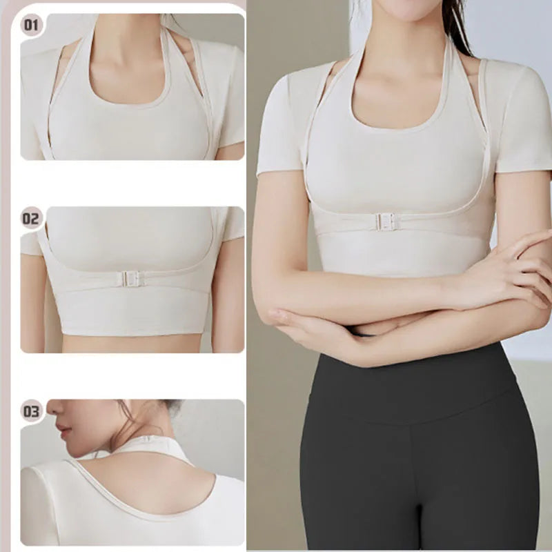 Two Pieces Yoga Shirts Short Sleeve Yoga Crop Tops Build In Cup Gym Crops Gym Shirt Fitness Workout Top Halterneck