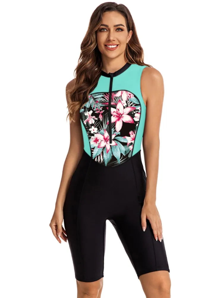 One Piece Zipper Swimsuit Knee Length Racing Swimsuit Female Swimming Sleeveless Outfit Women Professional Sporty Swimwear