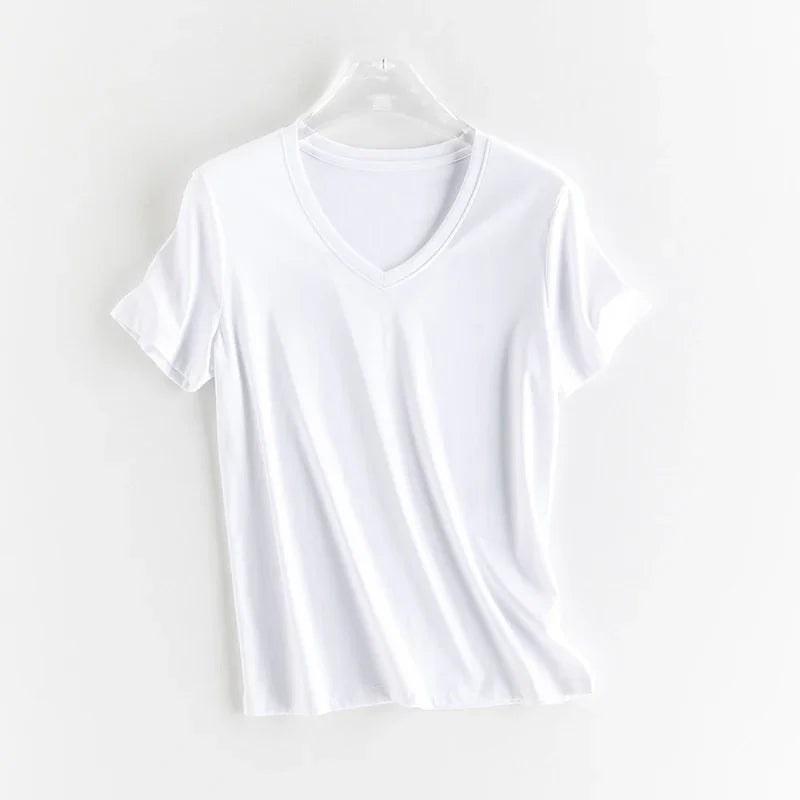 10% Silk & Mercerized Cotton Women T-shirt Luxury Tee Short Sleeve Silky Feeling Summer Wear Tops V / O-neck