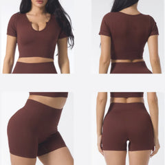 Ribbed Yoga Clothing Sets Women High Waist Shorts Short Sleeve Two Piece Set Seamless Tracksuit Fitness Workout Outfits Gym Wear