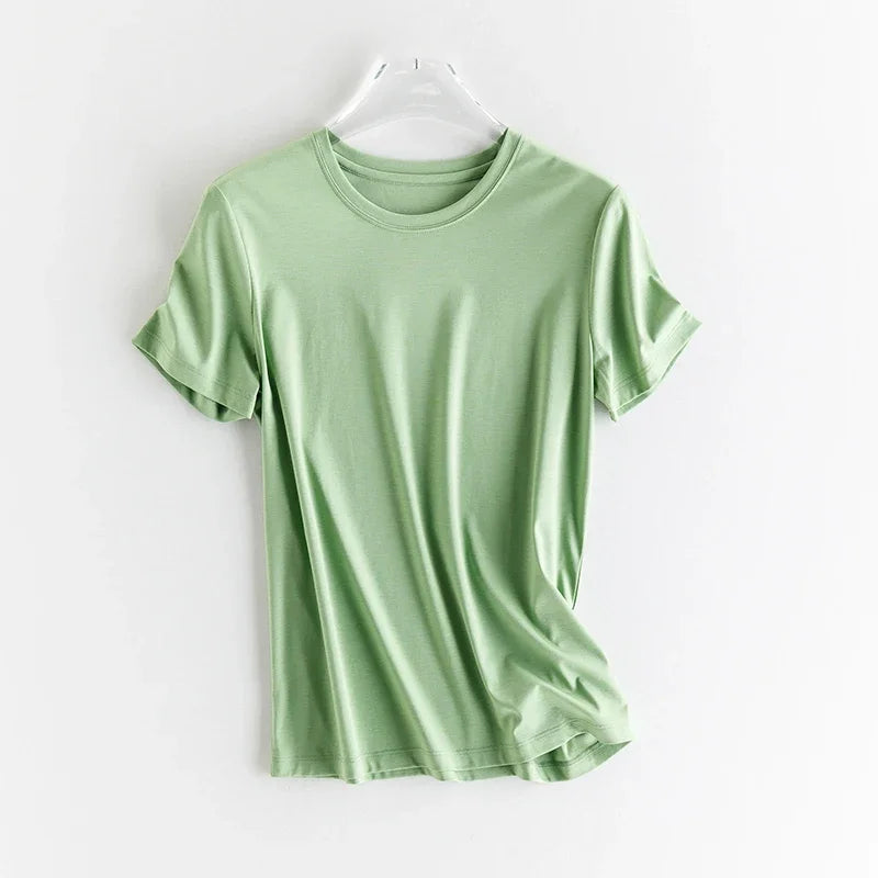 10% Silk & Mercerized Cotton Women T-shirt Luxury Tee Short Sleeve Silky Feeling Summer Wear Tops V / O-neck