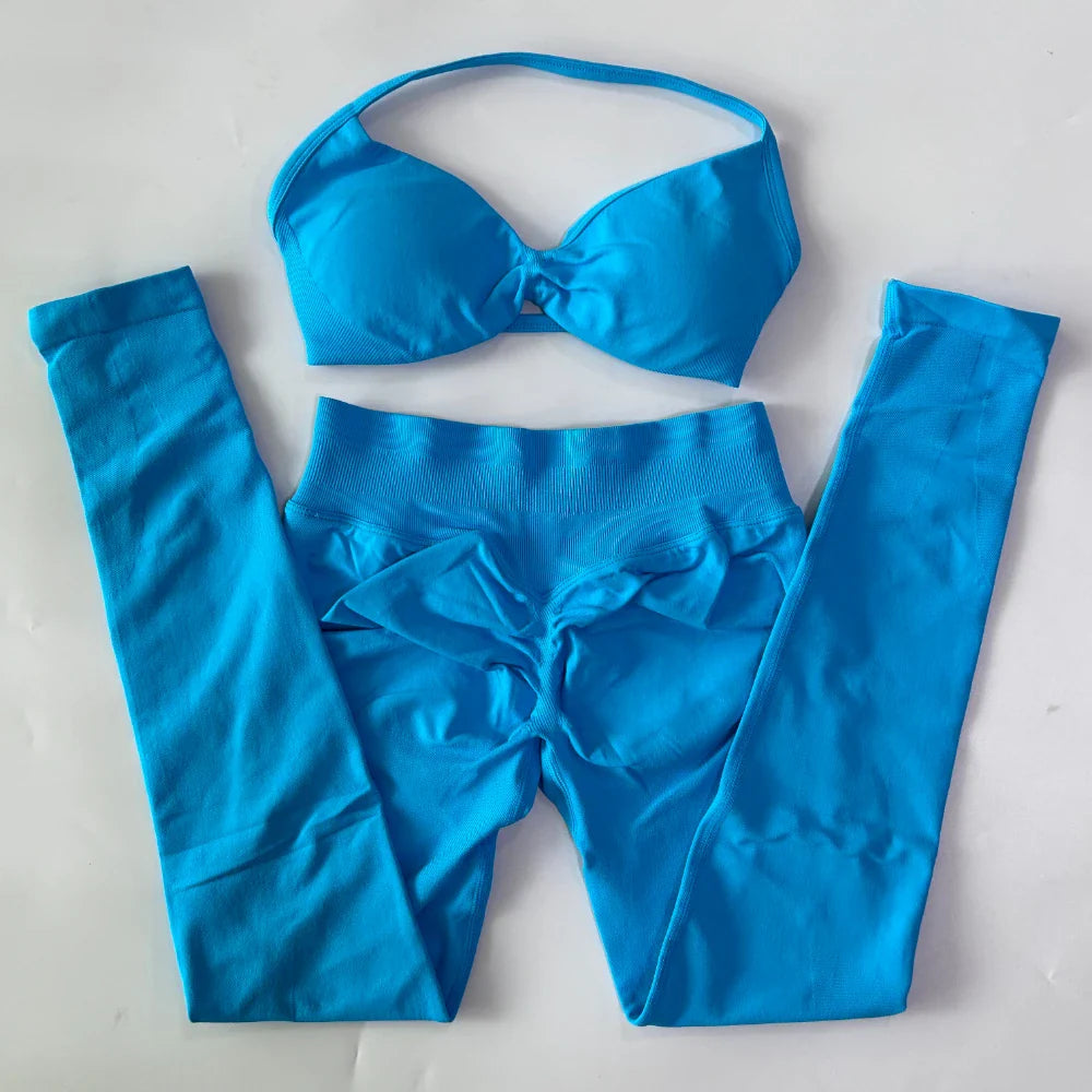2 Pieces Set For Woman Strappy Yoga Bra Sports Top Workout Leggings Set Seamless Gym Set Fitness Clothes Outfit Activewear