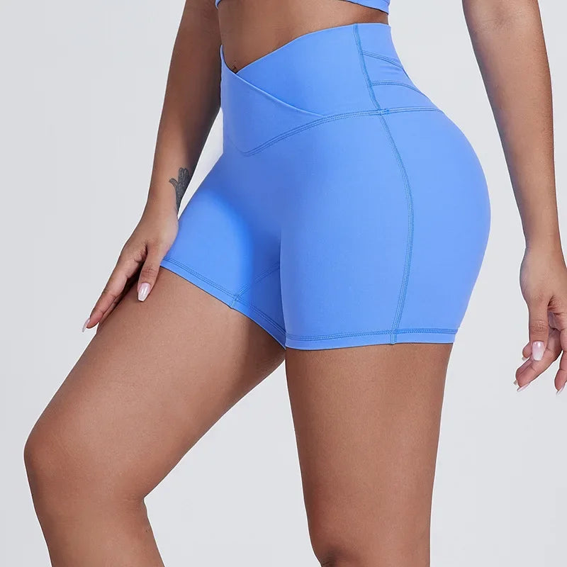 Peach Butt Lift Crossover Waist 4" Gym Shorts High Waist V Yoga Workout Running Shorts