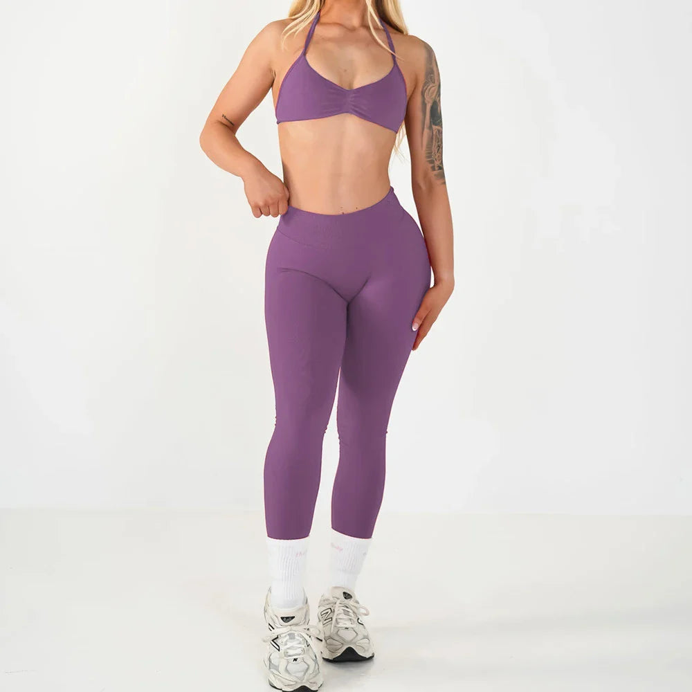2PCS Seamless Yoga Set Women Workout Scrunch Leggings Strappy Sports Bra Fitness Gym Clothing Workout Set XP389