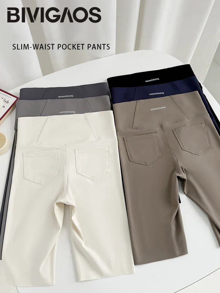 Summer Back Pocket Sharkskin Cycling Shorts Women Cool Knee Length Short Leggings Casual Elastic Sport Biker Shorts
