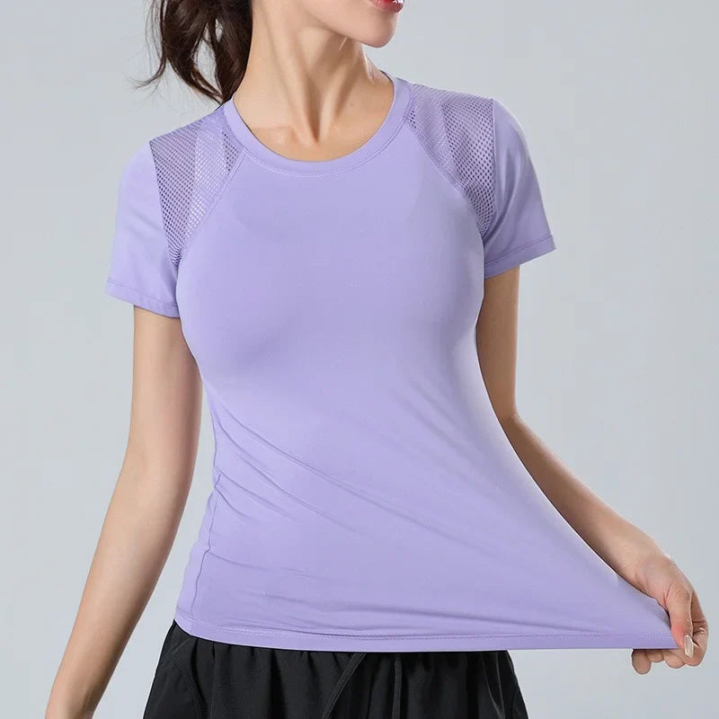 PofyBofy Mesh Stitching Reflective Strip Back Quick Dry Elastic Breathable Basic Short Sleeve Yoga T-shirt Women Gym Fitness Top