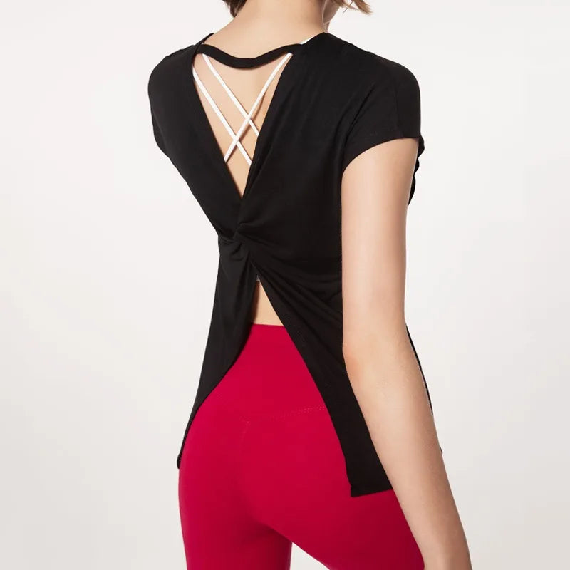 Aiithuug U Neck Cross Back Open Yoga Tops Loose Vest Short Sleeves Quick Drying Breathable Tops Workout Pilates Cover-up Shirts