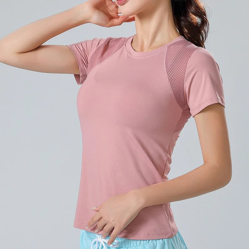 PofyBofy Mesh Stitching Reflective Strip Back Quick Dry Elastic Breathable Basic Short Sleeve Yoga T-shirt Women Gym Fitness Top