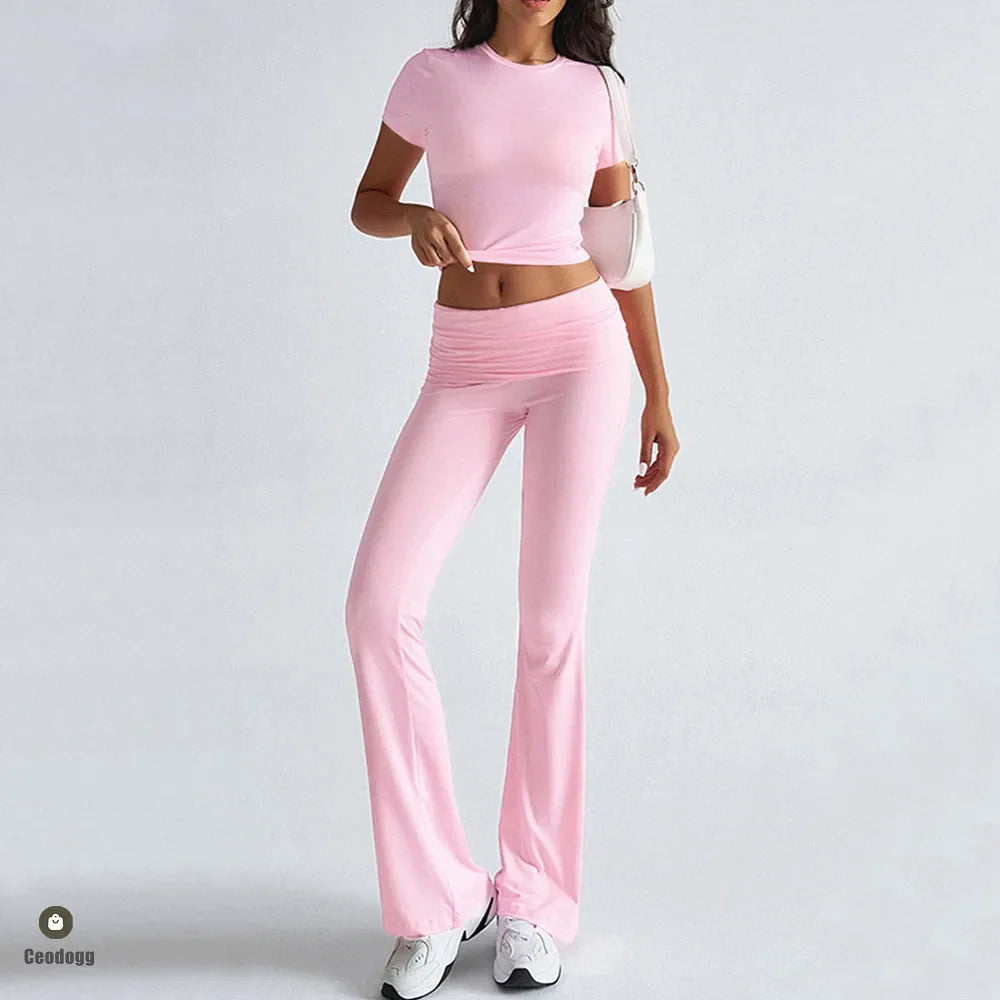 Foldable 2PCS Yoga Set Women Short Sleeve Crop Top Slim Fit High Waist Flare Leggings Fitness Suit Workout Gym Running Tracksuit