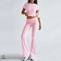 Foldable 2PCS Yoga Set Women Short Sleeve Crop Top Slim Fit High Waist Flare Leggings Fitness Suit Workout Gym Running Tracksuit