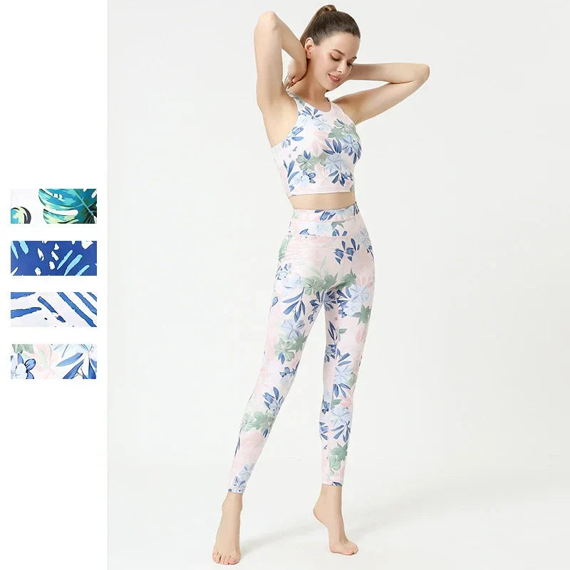Printed Yoga Set Women's Quick-drying Beautiful Back Sports Bra High Waist Hip Tight Pants Breathable Fitness Clothes