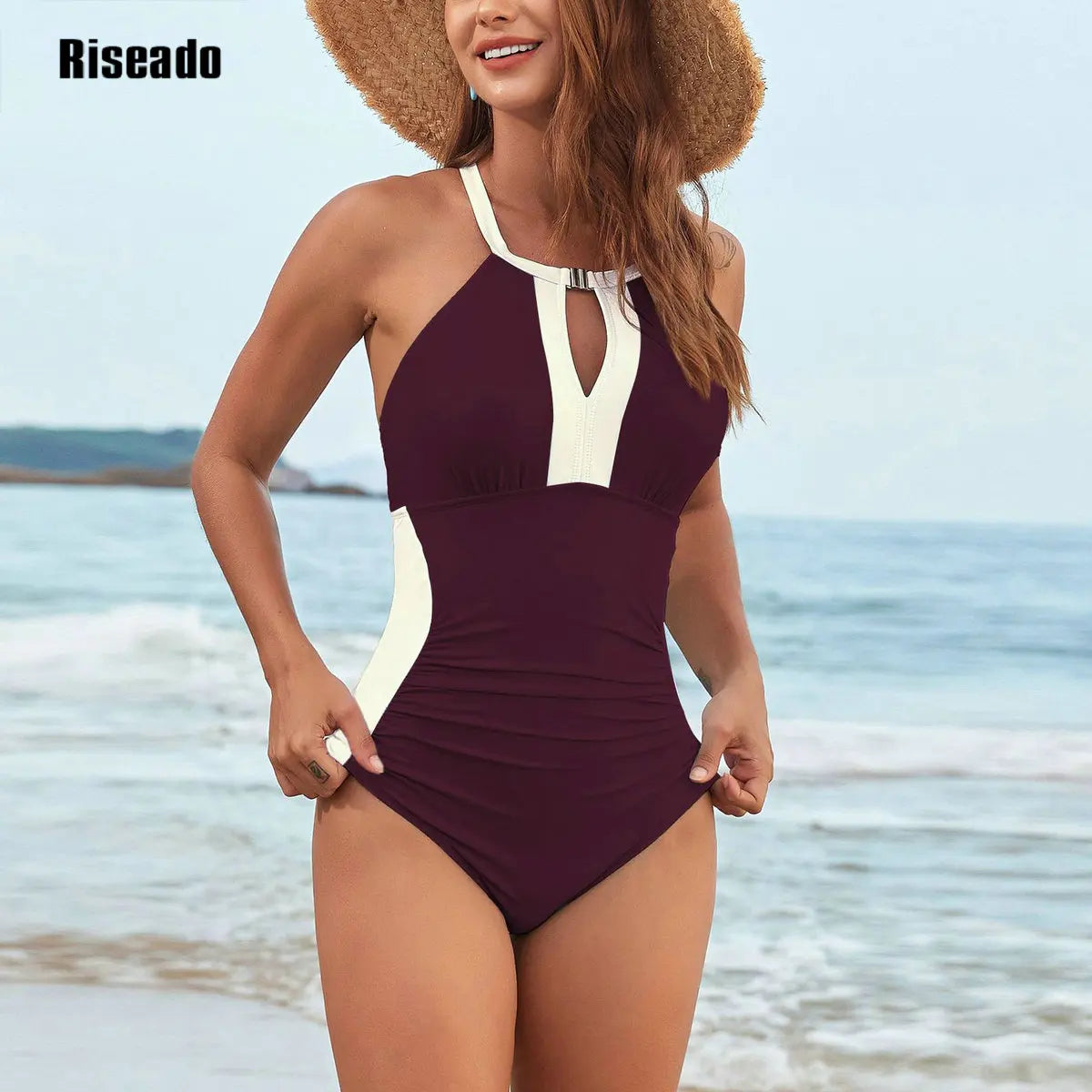 Woman Swimsuits Trend Bodysuit One Piece Cut Out Monokini Color Block Ruched Fashion Beach Swimwear