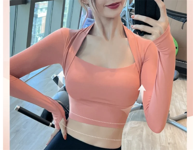 Aiithuug Padded Yoga Shirts Long Sleeve Yoga Crop Tops Low Cut Shirts Gym Shirt Workout Gym Top Insert Pads Slim Fit Sports