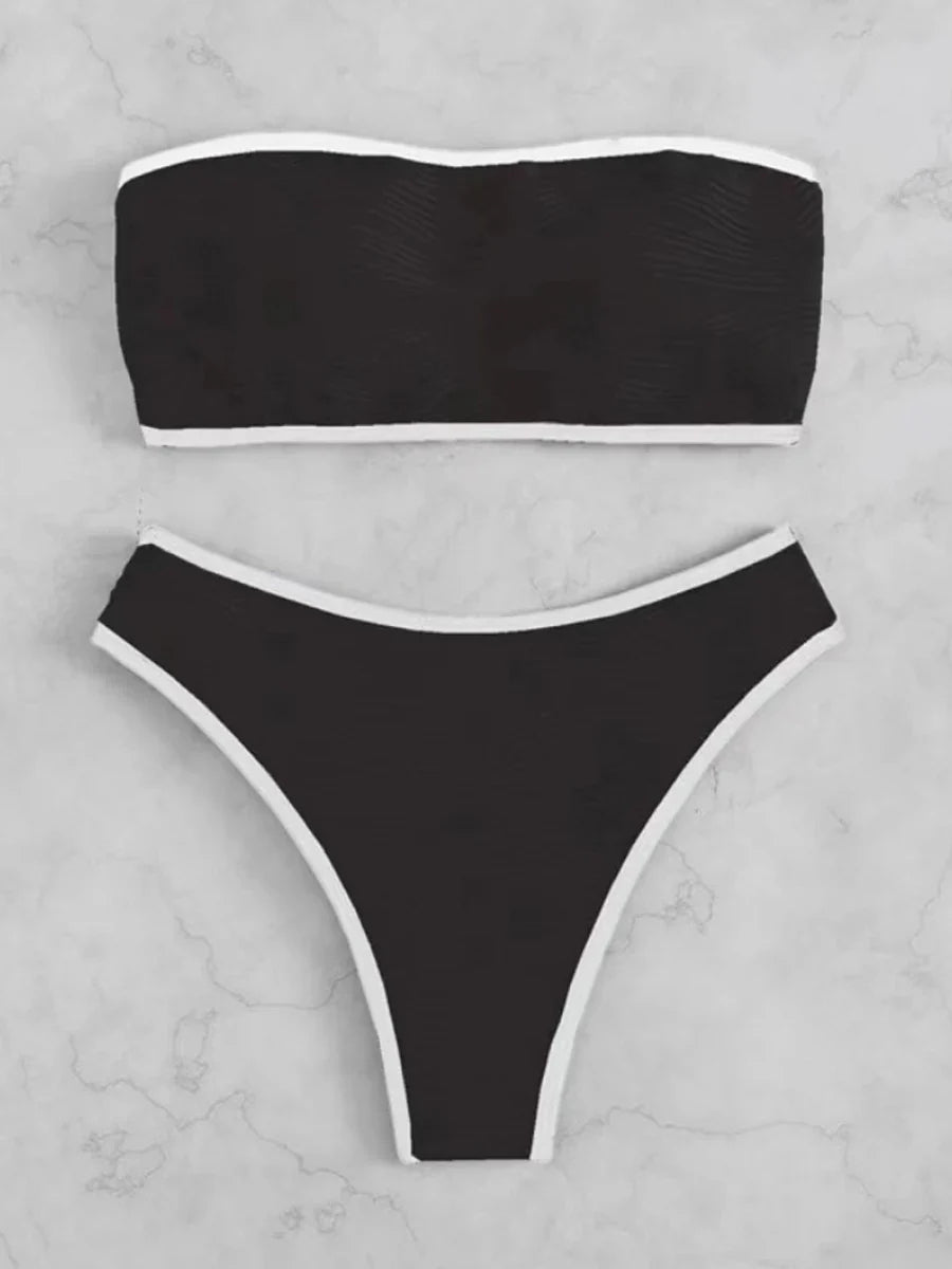 Bandeau High Waist Bikini Women Triangle Swimsuit Stitch Detail Swimwear Padded Bathing Suit Female Solid Beachwear