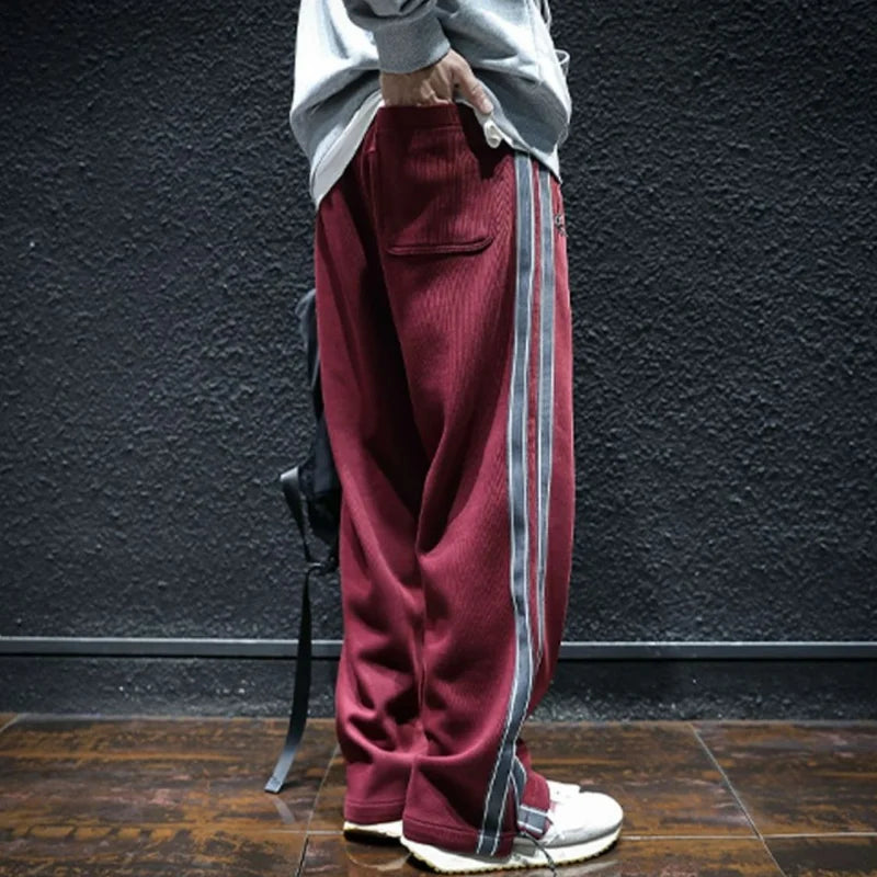 Men Straight Stripes Sweatpants Korean Spring Autumn Male Elastic Waist Zipper Pockets Loose Sports Casual Trousers