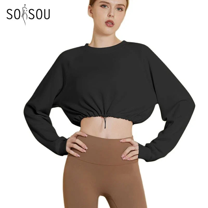 Yoga Gym Top Women Shirts Long Sleeve Crop Top Sportswear Loose Elastic Breathable Adjustable Hem Sports Womens Clothing