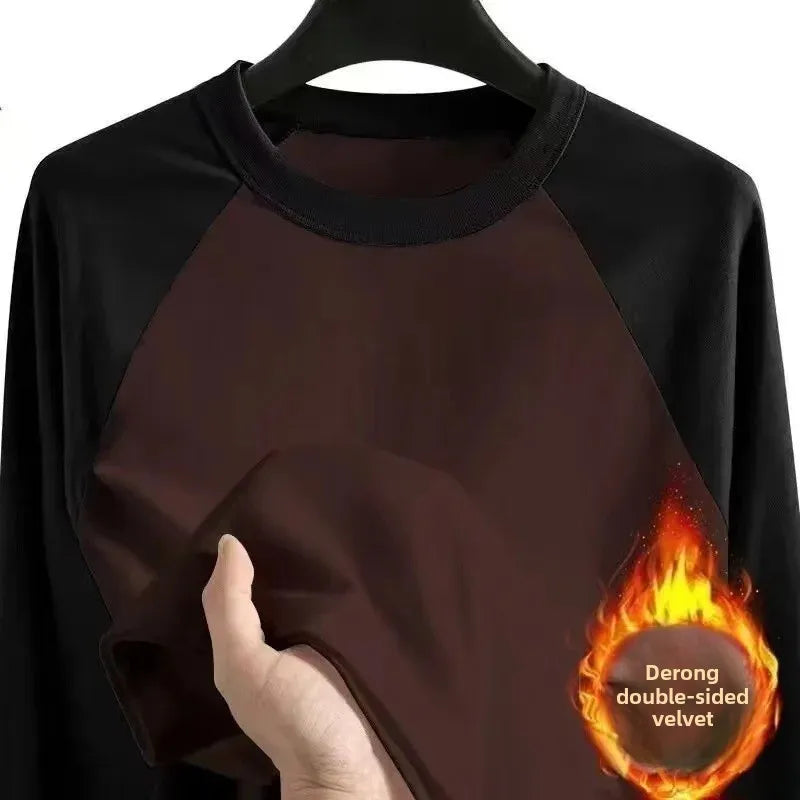 Double-Sided Men's Long Sleeve Crew Neck Thermal T-Shirt Winter Warm Clothing Solid Color Contrast Color German Velvet Base Shirt