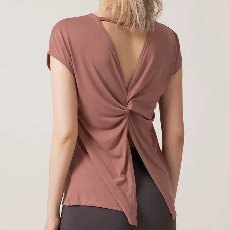 Aiithuug U Neck Cross Back Open Yoga Tops Loose Vest Short Sleeves Quick Drying Breathable Tops Workout Pilates Cover-up Shirts