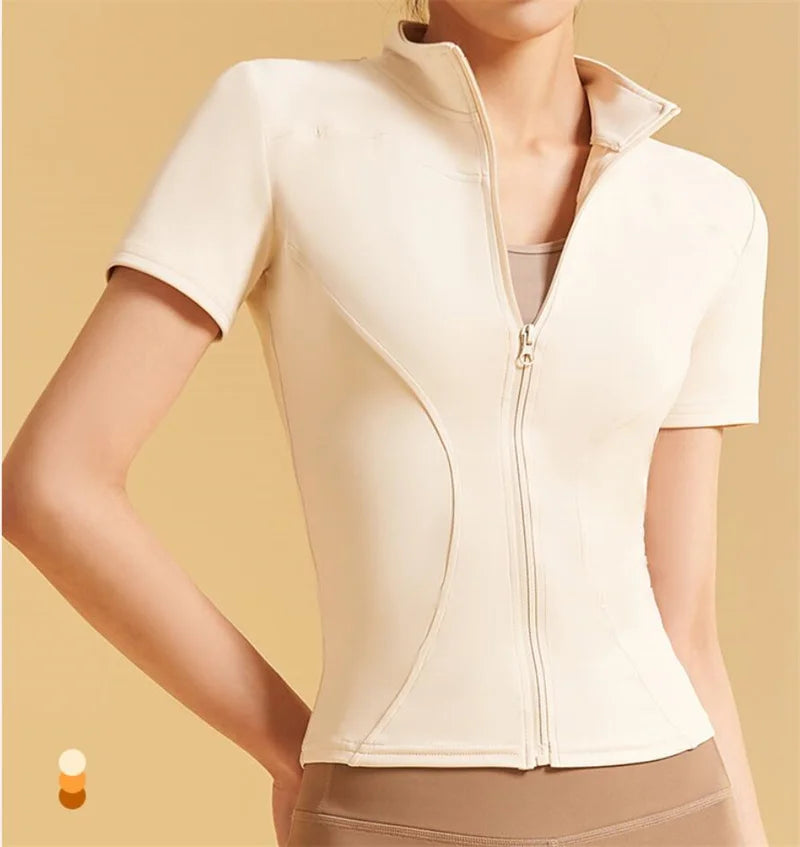 Aiithuug Yoga Tops Zipper Short Sleeve Gym Shirts Waist Slimmer Zip Up Sports Workout Top Fitness Jackets Running Slim Fit Tops