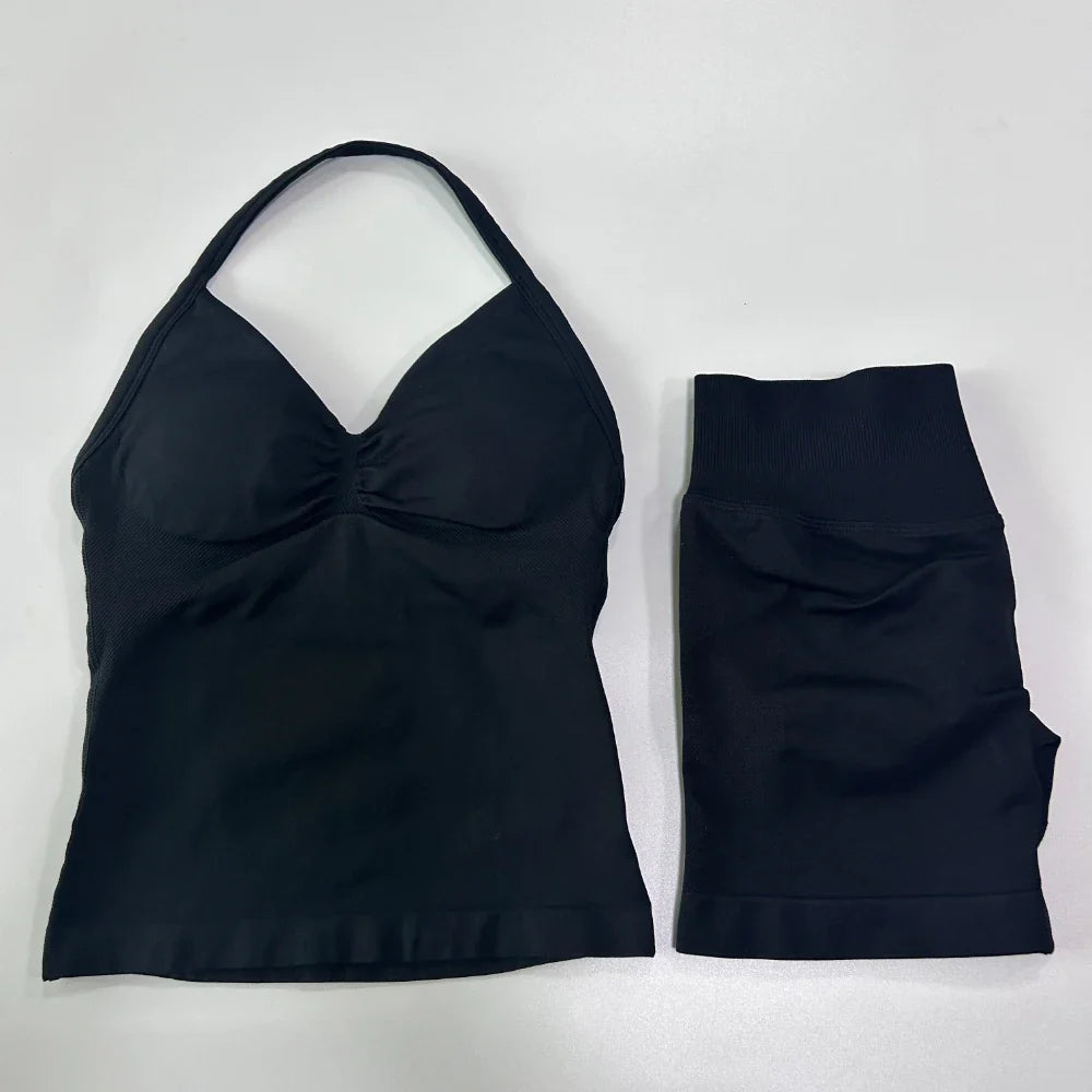 2Pcs Gym Set Women Backless Tank Tops High Waist Scrunch Seamless Shorts Gym Suit Fitness Clothes Activewear Workout Set
