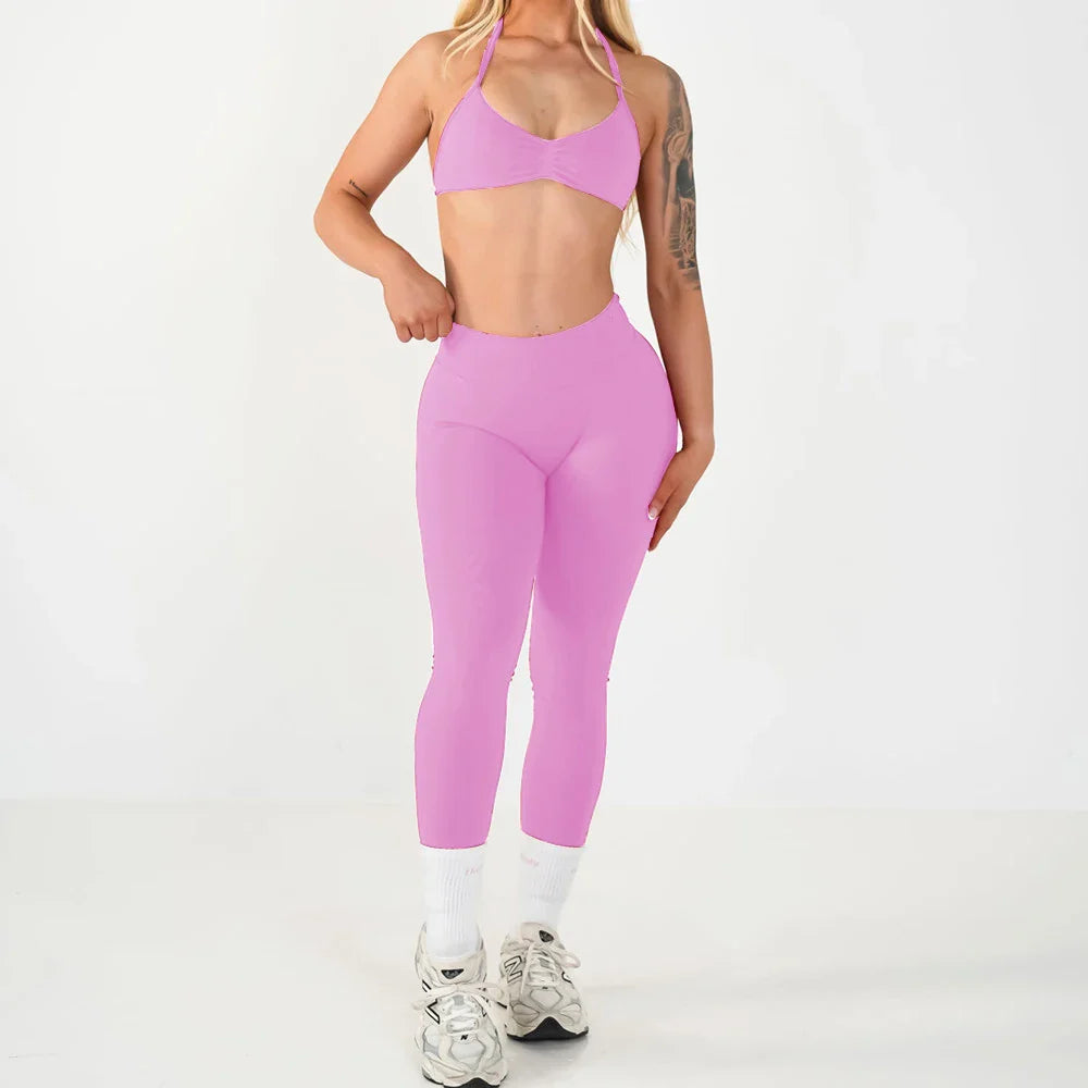2PCS Seamless Yoga Set Women Workout Scrunch Leggings Strappy Sports Bra Fitness Gym Clothing Workout Set XP389