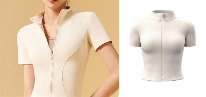 Aiithuug Yoga Tops Zipper Short Sleeve Gym Shirts Waist Slimmer Zip Up Sports Workout Top Fitness Jackets Running Slim Fit Tops
