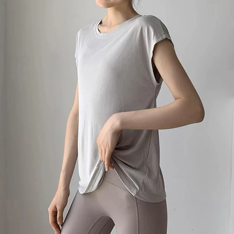 Aiithuug U Neck Cross Back Open Yoga Tops Loose Vest Short Sleeves Quick Drying Breathable Tops Workout Pilates Cover-up Shirts
