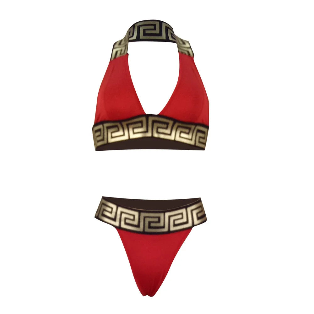 Print Black Push Up Bikini Two Pieces Set Women Swimwear Bandage Halter Swimsuit Bathing Suit