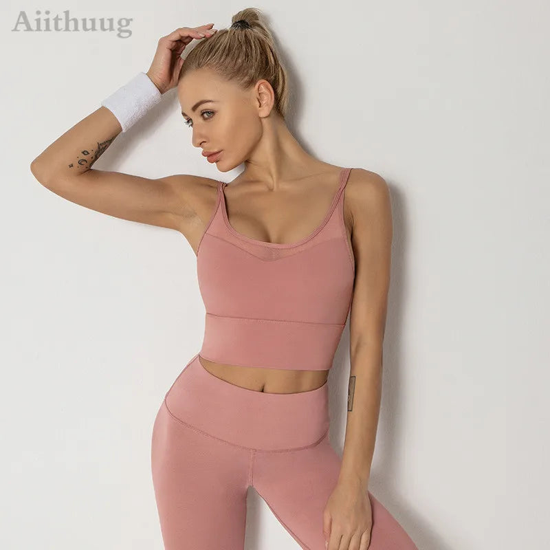 Mesh Breathable Yoga Bra Pilates Crop Bra Yoga Crops Gym Crop Fitness Top Quick Dry Spaghetti Strap Sports Bra