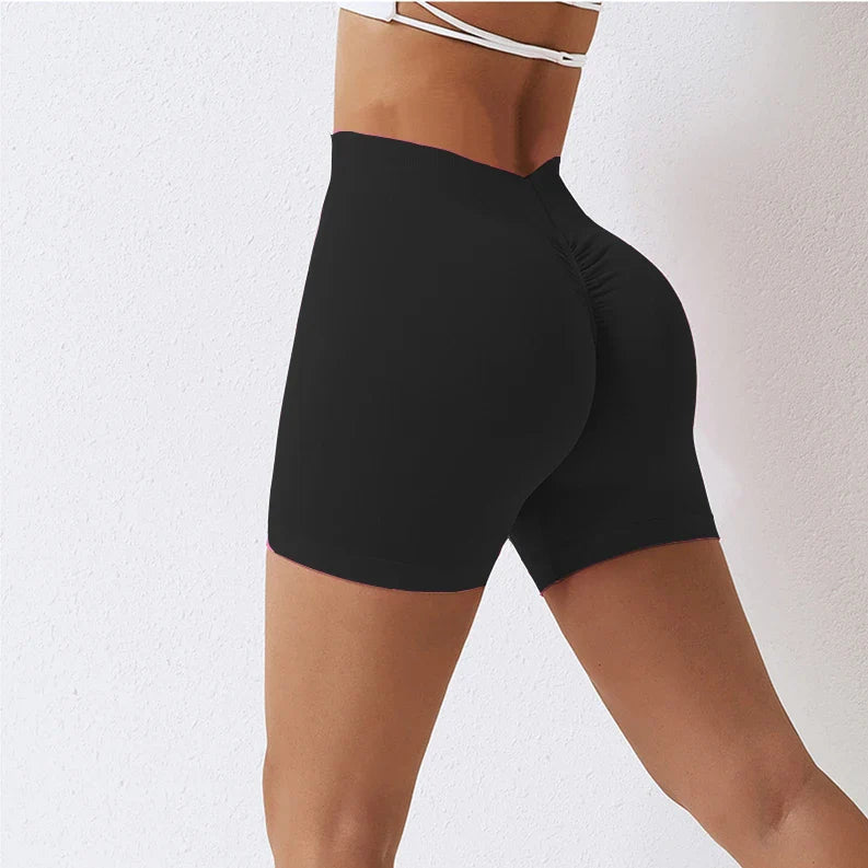 Knit Seamless V Back Yoga Shorts Women Fitness Elastic Scrunch Push Up Sports Running Workout High Waist Shorts