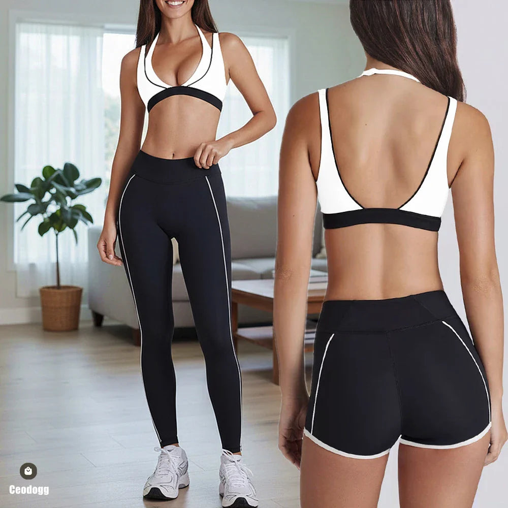 Pad 2PCS Yoga Set Sports Bras V-Neck Halter Pocket Fitness Workout Running Leggings Gym Woman Active Wear Clothing