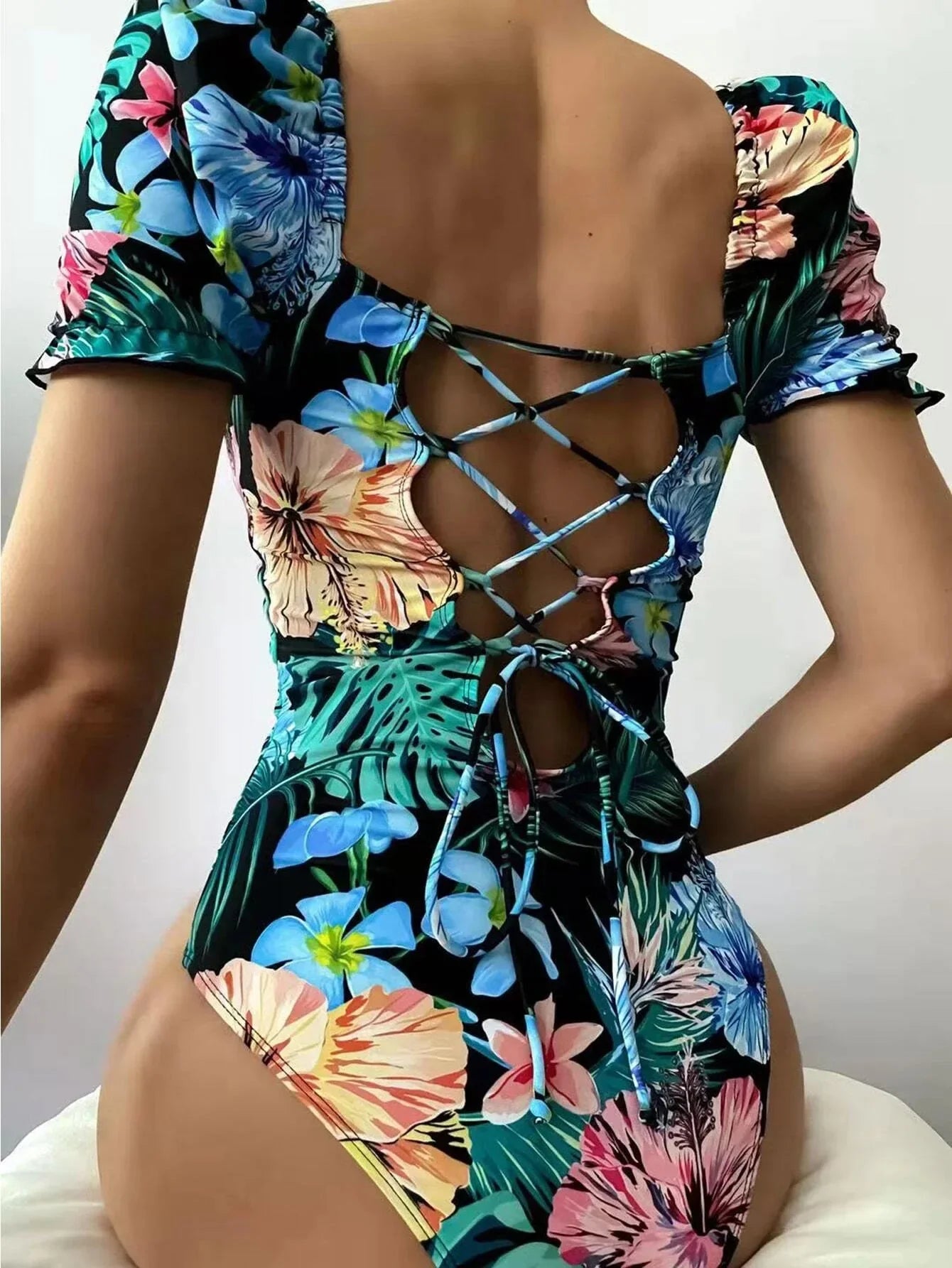 One Piece Swimsuit Women Floral Print Backless Beachwear Drawstring Short Sleeve Beach Bodysuit