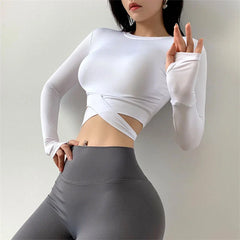 Long Sleeve Crop Tops Yoga Shirts Gym Shirt Women Fitness Workout Tops Slim Fit Top Cross Waist Design