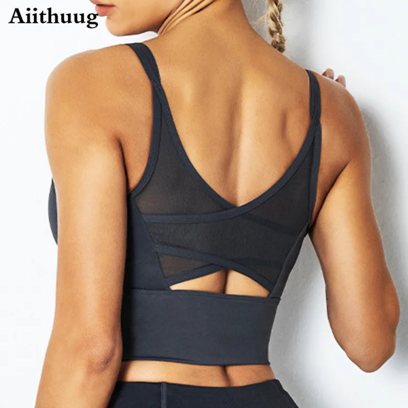 Mesh Breathable Yoga Bra Pilates Crop Bra Yoga Crops Gym Crop Fitness Top Quick Dry Spaghetti Strap Sports Bra