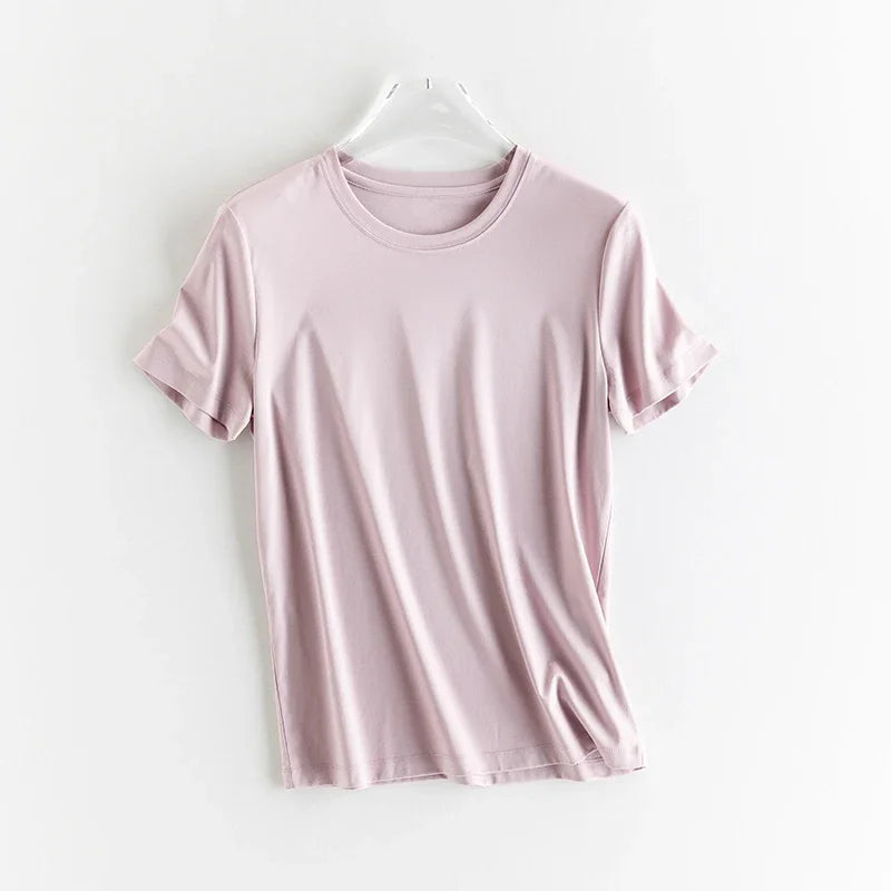 10% Silk & Mercerized Cotton Women T-shirt Luxury Tee Short Sleeve Silky Feeling Summer Wear Tops V / O-neck