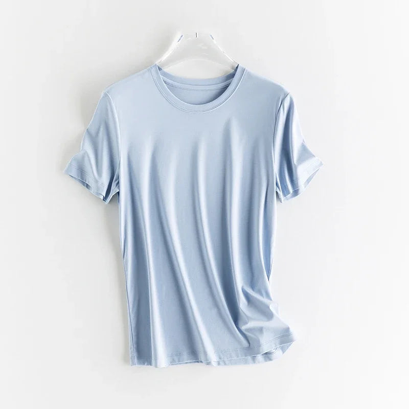 10% Silk & Mercerized Cotton Women T-shirt Luxury Tee Short Sleeve Silky Feeling Summer Wear Tops V / O-neck