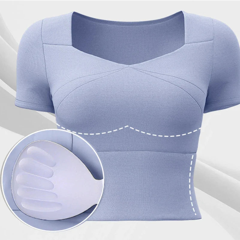 Gym Crop Tops Padded Cup Yoga Tops Elastic Breathable Yoga Bra 3D Fit Cup Slim Fit Workout Short Sleeve Sports Crops