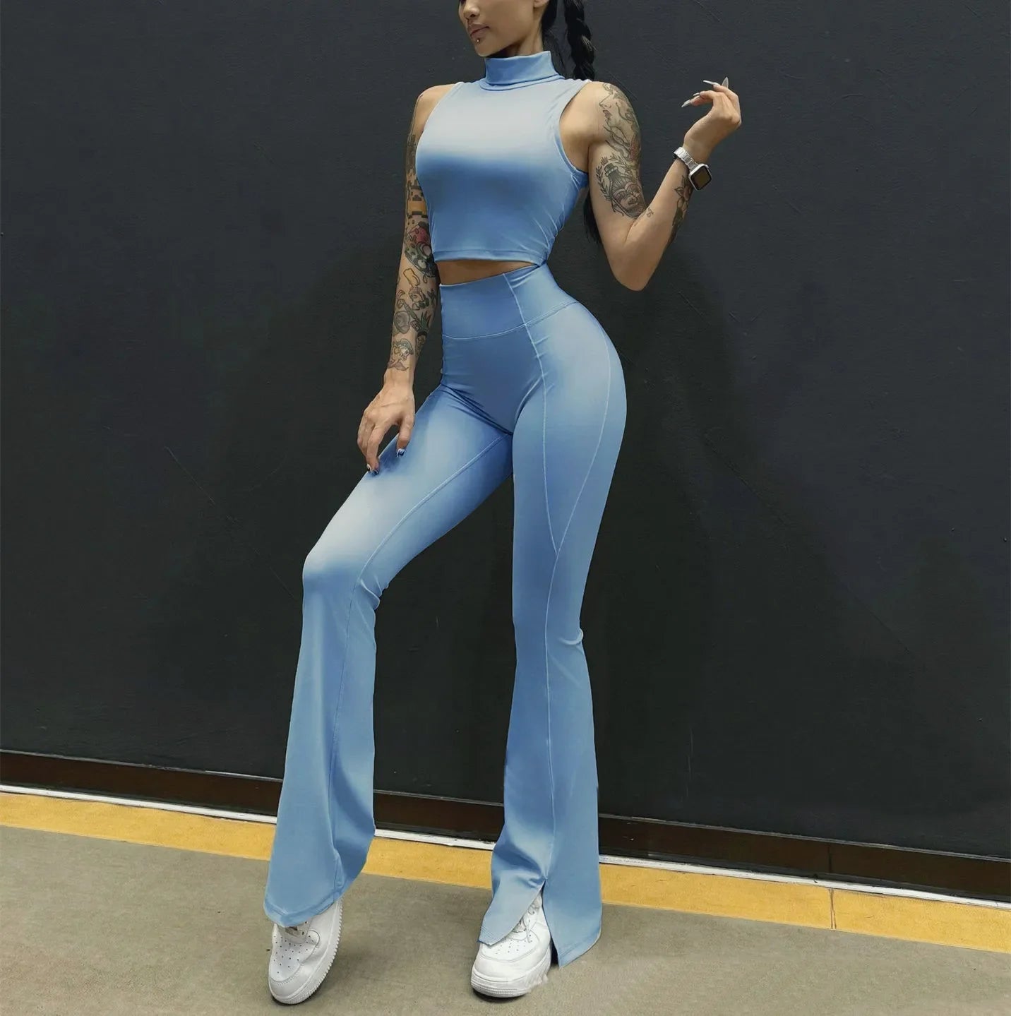 2Pcs Women Yoga Suit Tight Fitting Sports Set Workout Breathable Fitness Bra Gym Long Sleeve Crop Top Bell-bottoms Leggings