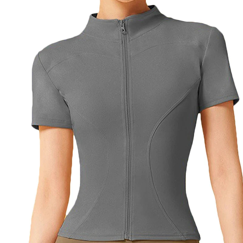 Aiithuug Yoga Tops Zipper Short Sleeve Gym Shirts Waist Slimmer Zip Up Sports Workout Top Fitness Jackets Running Slim Fit Tops