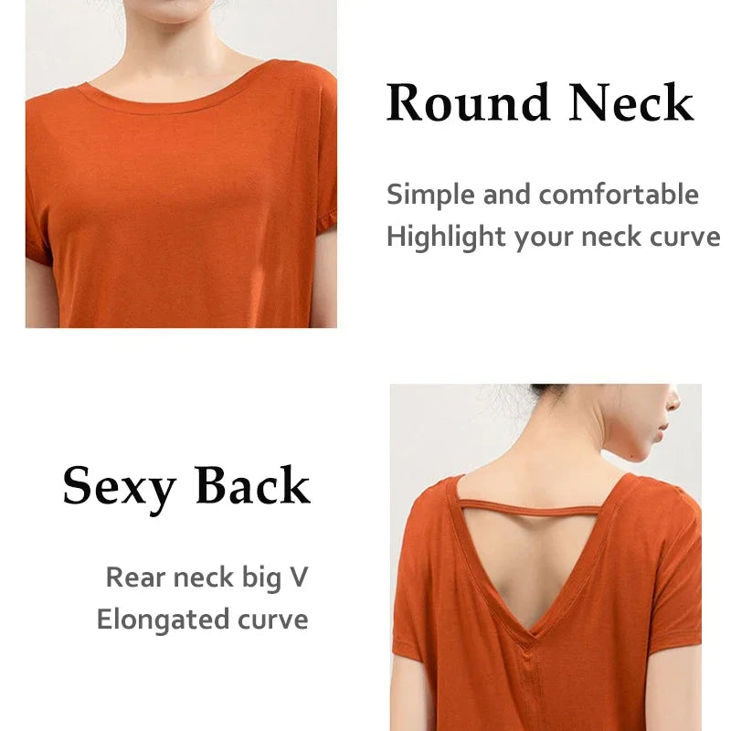 V-Shape Back Split Yoga Top Women's Short Sleeve Lightweight Loose Quick Drying Pilates Dancing Workout Cover-up