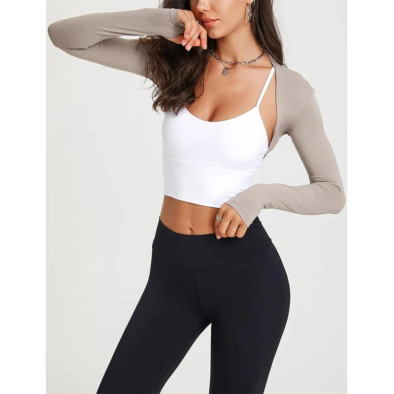 Aiithuug Yoga Shawl with Thumbholes Women's Short Hem Cropped Sweatshirt Long Sleeve Open Front Bolero Shrug Gym Pilates Casual