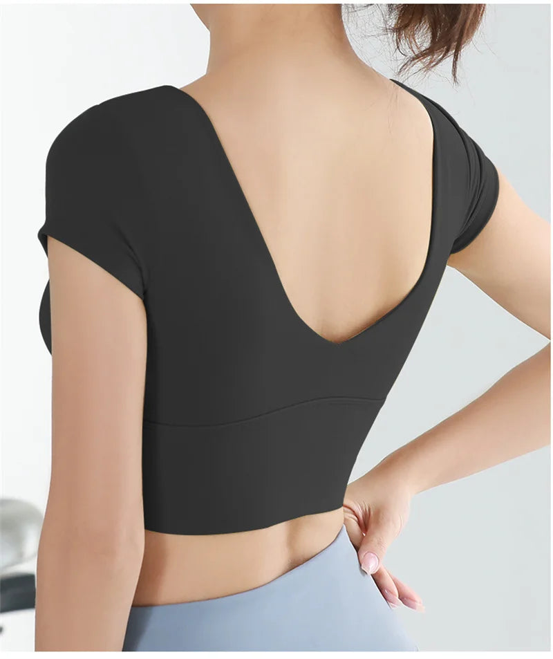 Built-in Cup Gym Crops U Neck Yoga Crop Top Grace Neck Line Bra Elastic Stretchy Fitness Crops Breathable Gym Top