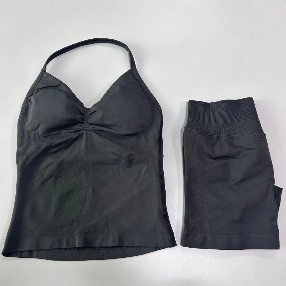2Pcs Gym Set Women Backless Tank Tops High Waist Scrunch Seamless Shorts Gym Suit Fitness Clothes Activewear Workout Set