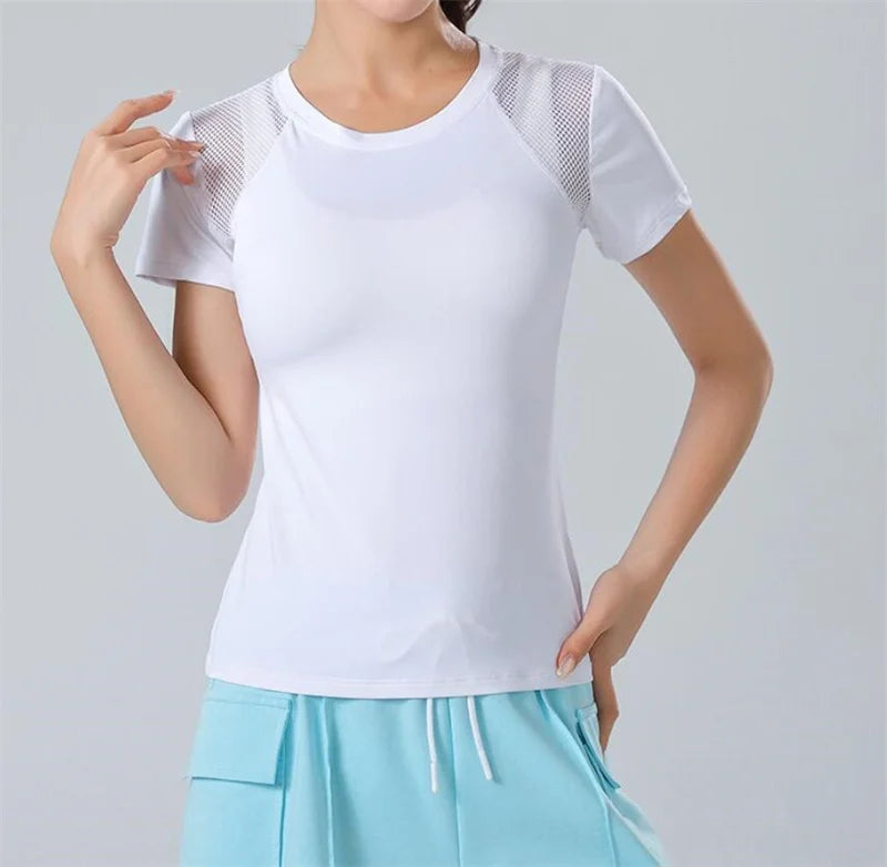 PofyBofy Mesh Stitching Reflective Strip Back Quick Dry Elastic Breathable Basic Short Sleeve Yoga T-shirt Women Gym Fitness Top
