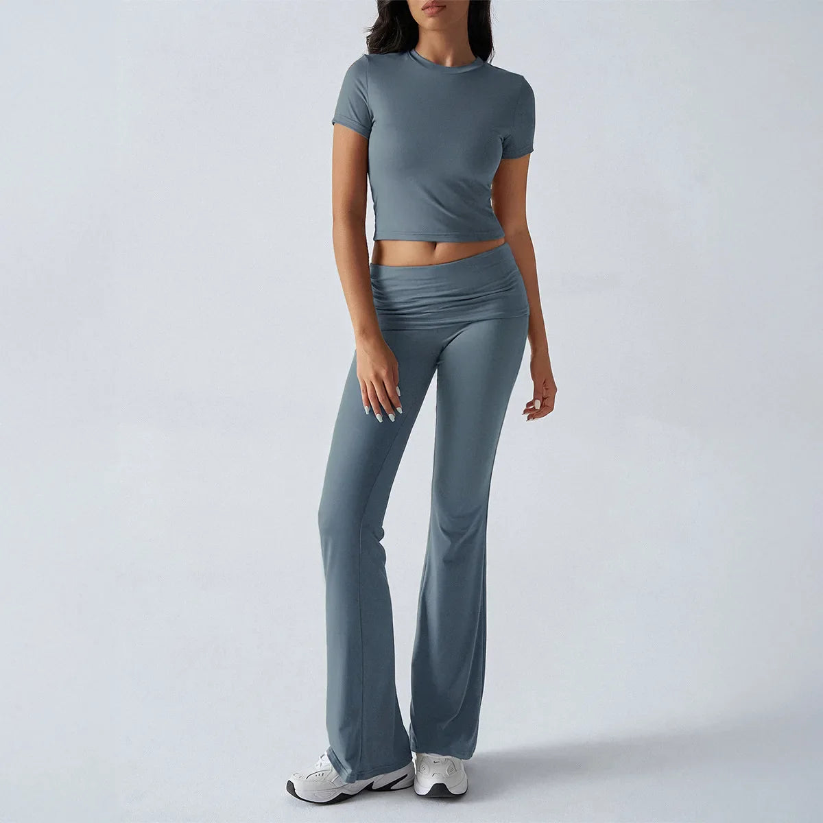 Foldable 2PCS Yoga Set Women Short Sleeve Crop Top Slim Fit High Waist Flare Leggings Fitness Suit Workout Gym Running Tracksuit